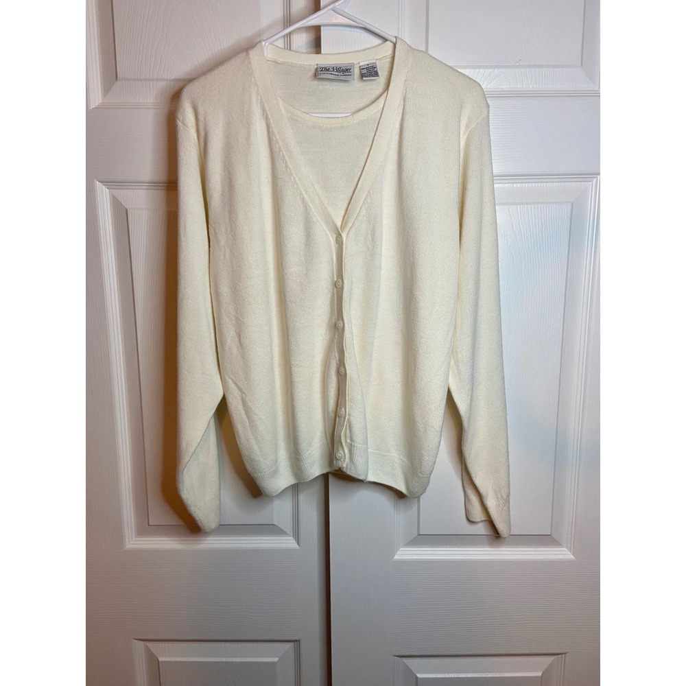 Vintage 90s Liz Claiborne Villager Cream White Knit Cardigan Sweater Twinset